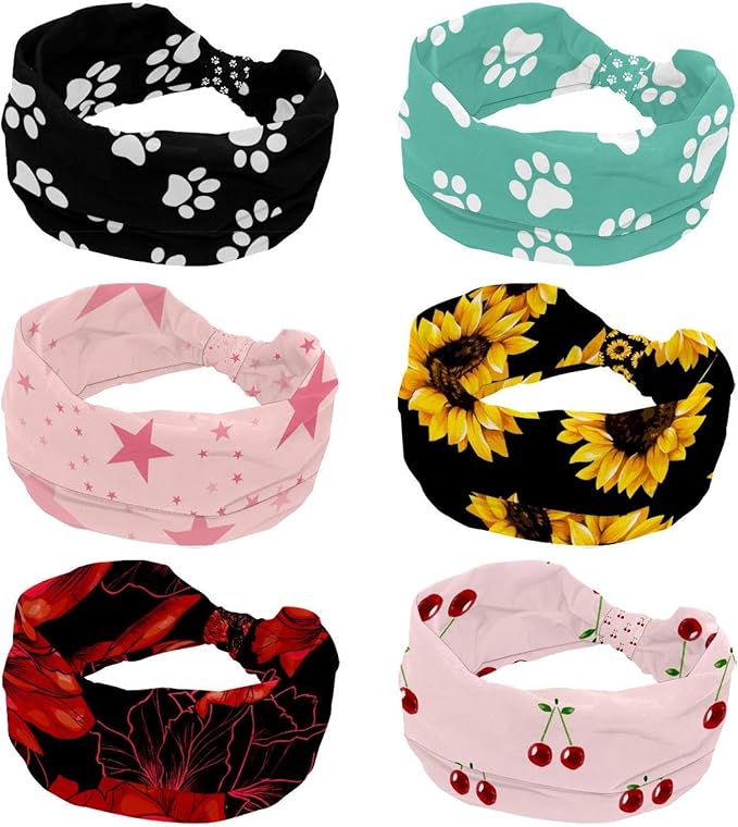 6 Pcs Stretchy Headbands for Women, Absorbed Sport Headband Soft Twist Knotted Headbands for Daily Life Yoga Workout, Dogs Collection Multi Animal