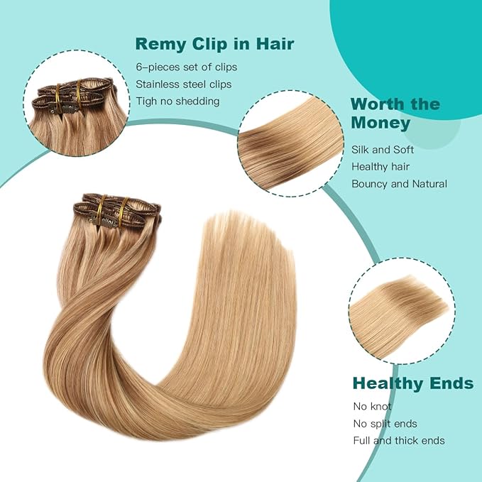 SURNEL Human Hair Clip in Extensions Golden Brown to Honey Blonde Clip in Hair Extensions 18inch 6pcs 120g (#10/27/27,18'')