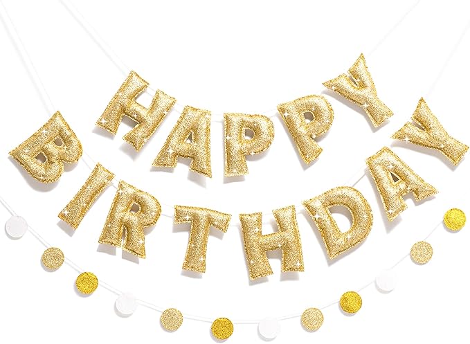 Pre-strung Gold Glitter Happy Birthday Banner Reusable Birthday Decorations | by Unknown