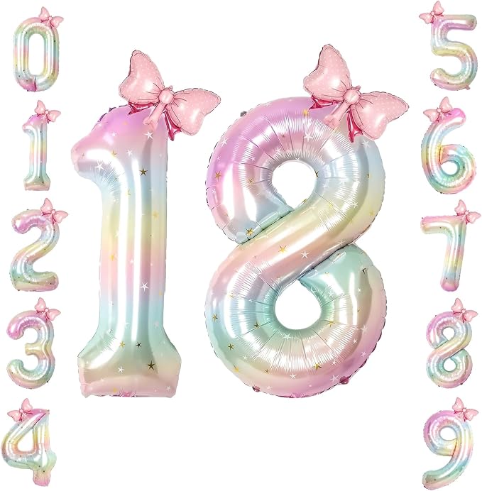 40" Giant Pastel Rainbow Number 18 Balloon Foil Pink Bow Decor Kit | by TNCDJKPA