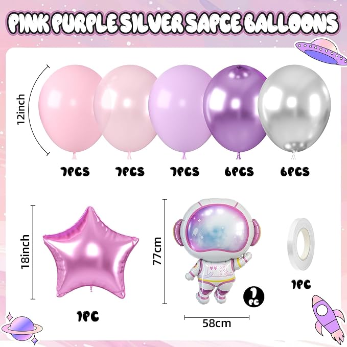Pink Space Balloons, Astronaut Star Foil Balloons, 12 Inch Metallic Purple - Image 2
