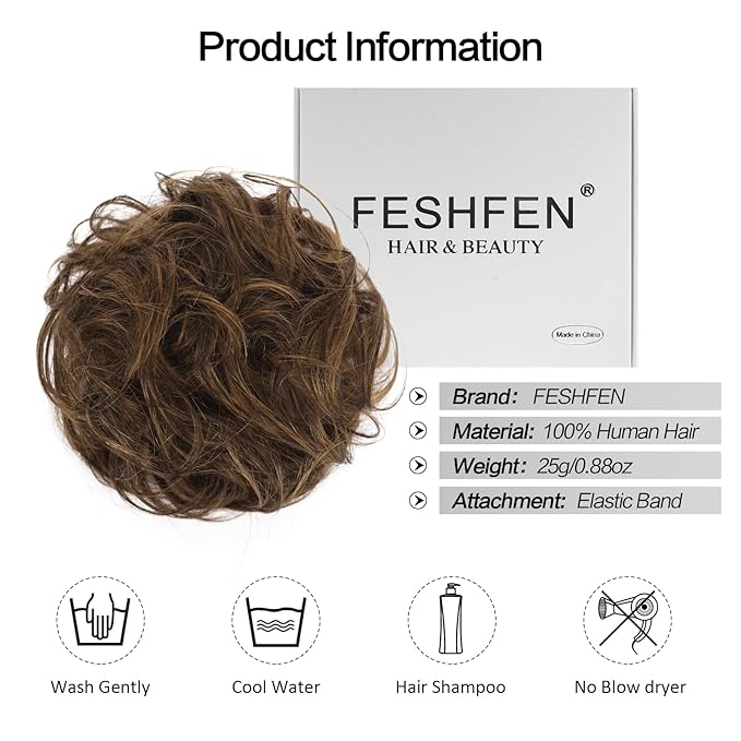 FESHFEN Human Messy Buns - 100% Human Hair Bun Real Scrunchies Hair Pieces Ponytail Extensions Wavy Tousled Updo Chignon Hairpieces for Women，Dark Brown Mixed Blonde