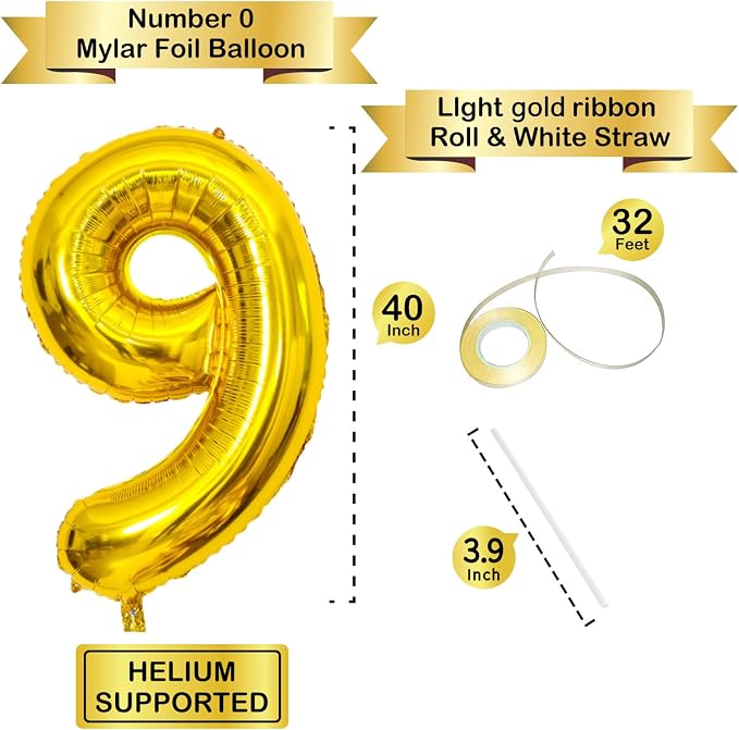 40 Inch Gold Number Balloons, Helium Mylar Foil Number Balloons - Image 2