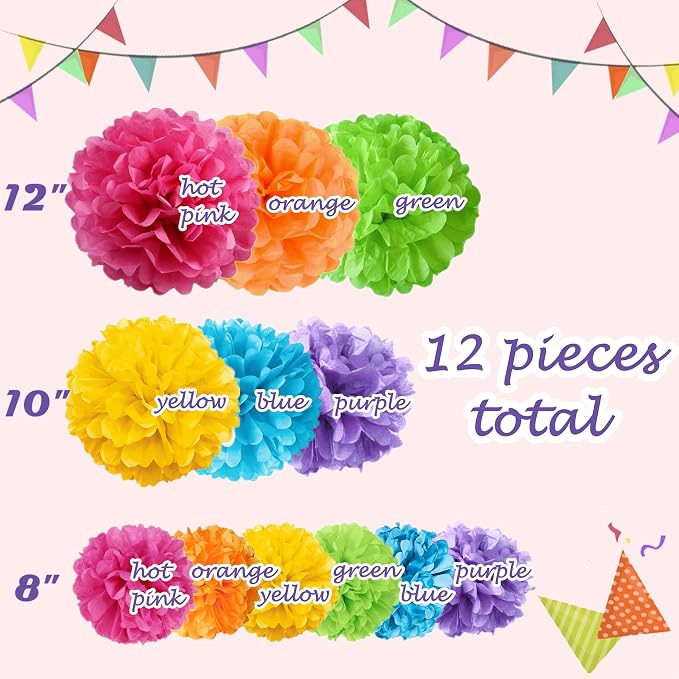 12pcs Colorful Paper Pom Poms Set - Image 2