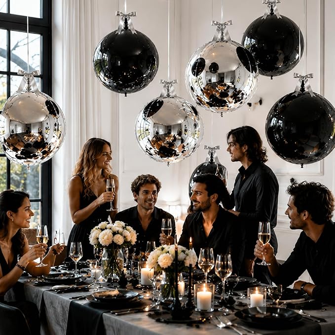 8 Pcs Black Silver Round Foil Balloons Metallic Silver Black 4D Ball Balloon - Image 6
