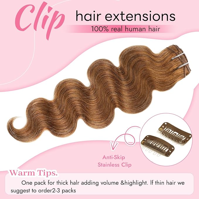 Clip in Hair Extensions Real Human Hair Body Wave 30 Auburn Ginger Clip in 100% Brazilian Remy Human Hair Extensions 8pcs Per Set with 18 Clips Double Weft 16 Inch 90g/3.6oz