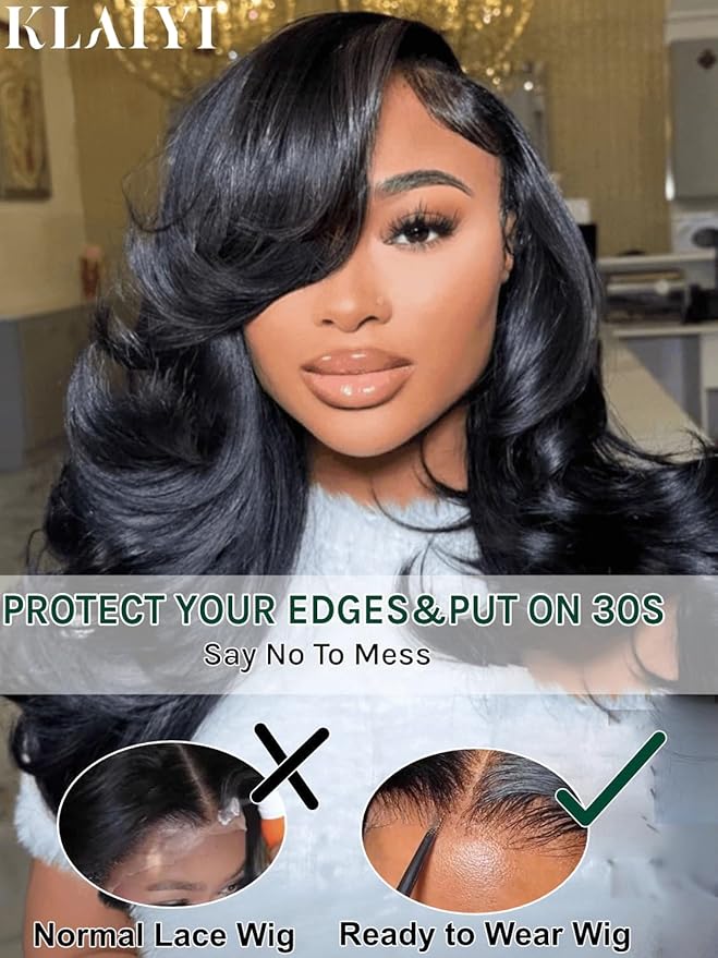 KLAIYI Bye Bye Slip™ Loose Body Wave Wig Layer Side Part 200% Density 7X5 Pre Cut Lace Front Wigs Human Hair Drawstring Glueless 30S Ready to Wear and Go Beginner Wig Pre Plucked Bleached Knots 16Inch