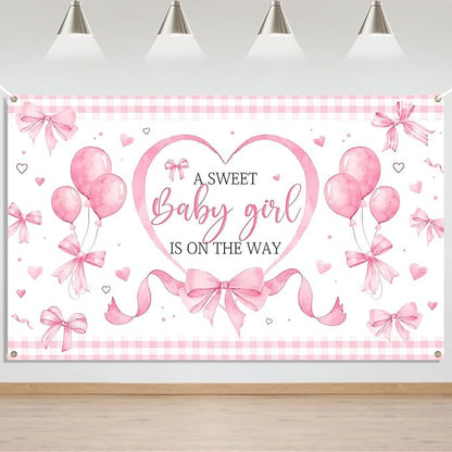 Mocsicka Pink Bow Baby Shower Banner Backdrop by Mocsicka