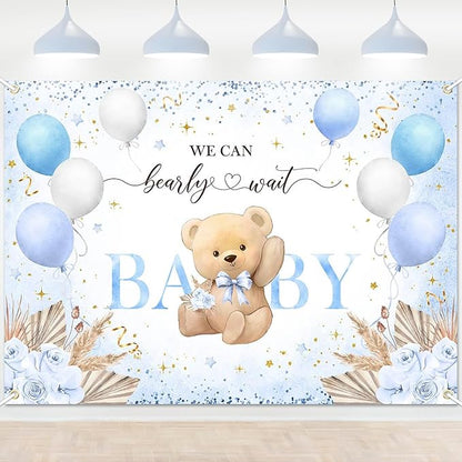 Blue Bear Baby Shower Backdrop 7x5 ft We Can Bearly Wait Banner by Lecheme
