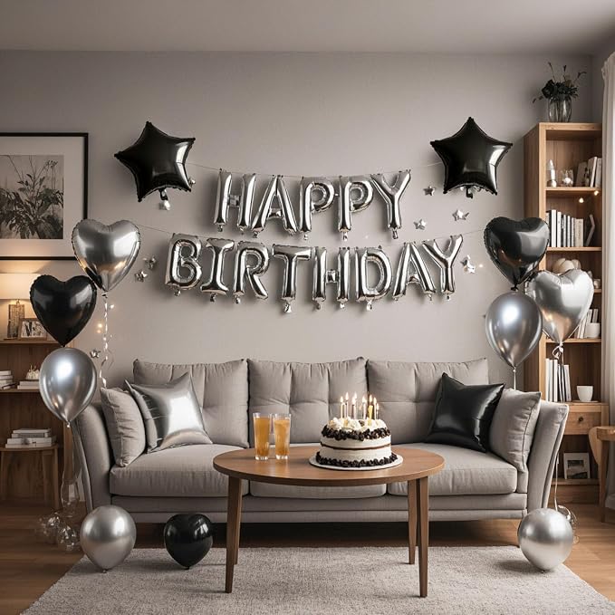 27 Pcs Silver Black Birthday Decorations, 3D Letters Silver Happy Birthday - Image 4
