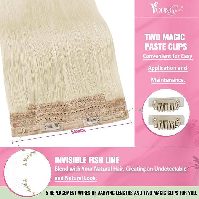 YoungSee 120G Wire Hair Extensions Real Human Hair Platinum Blonde Secret Wire Hair Extensions Human Hair Blonde Soft One Piece Hair Extension for Women 16 Inch