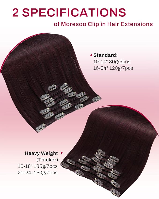 Moresoo Burgundy Clip in Hair Extensions Real Human Hair Dark Red Hair Extensions Real Human Hair Clip ins Double Weft Human Hair Clip in Extensions Red Wine #99J 7pcs 135g 18inch