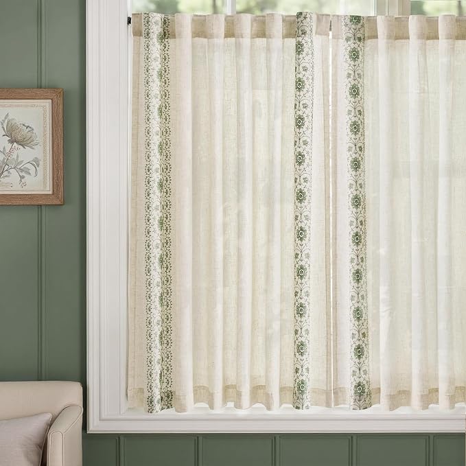 jinchan Green Floral Embroidered Short Linen Curtains 54×54 Inches 2 Panels | - Image 5