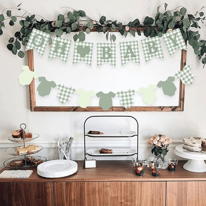 Green Gingham Baby Banner Sage Plaid Welcome Baby Shower Sign Decoration - Image 5