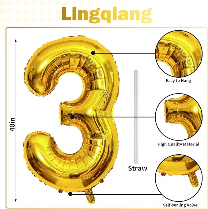 Gold Number 30 Balloons, 40 Inch Gold Mylar Foil Number 3 & 0 Balloons - Image 2