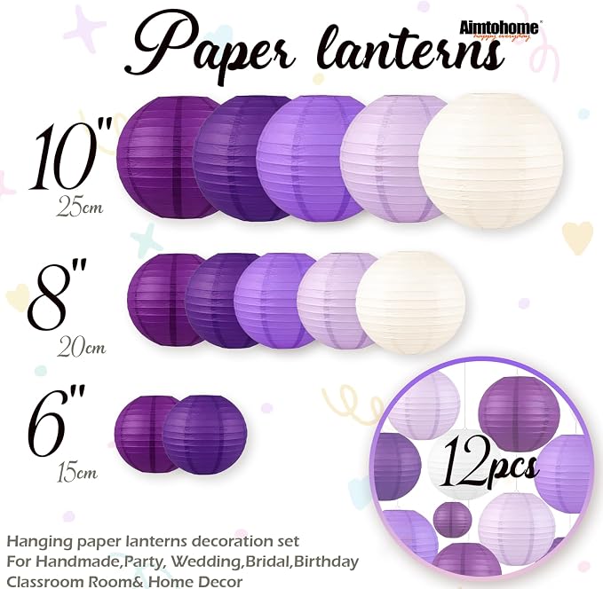 Purple & Cream White Paper Lanterns Set - Image 3