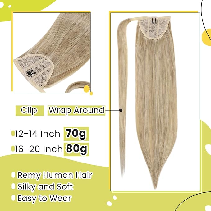 RUNATURE Human Hair Ponytail Extension Golden Blonde 14 Inch Ponytail Extensions Human Hair Light Blonde Highlighted Wrap Around Ponytail Human Hair Extensions Short Pony Tails Hair Extensions 70g