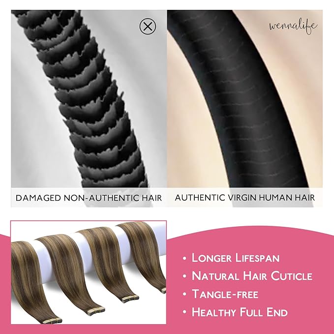 WENNALIFE Tape in Hair Extensions - Human Hair Balayage Chocolate Brown to Caramel Blonde, 10pcs 25g 14 inch Remy Invisible Tape Ins Straight Soft Real Human Hair