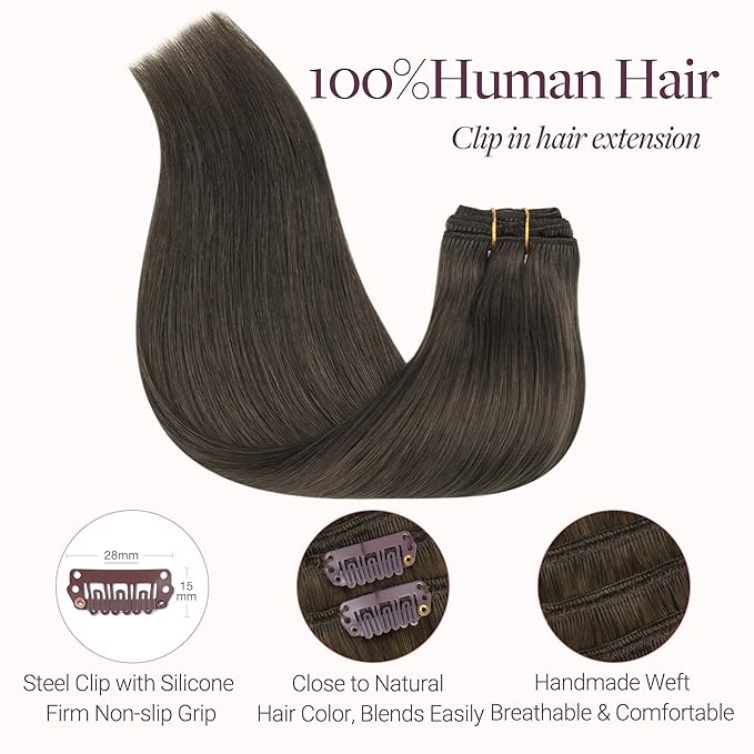 GOO GOO Clip in Hair Extensions Real Human Hair, Remy Human Hair Extensions Clip ins for Women, Natural Human Hair, 20inch 120g 7Pcs, 1C Mocha Brown