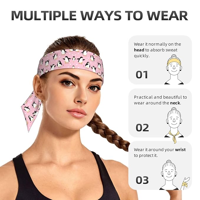 Boys Girls Sports Sweat Band, Boho Style Elastic Head Ribbon for Running Fitness Spa, Beauty Skinny Cute Cartoon Penguin And Heart Pink Headwear Hand Decor
