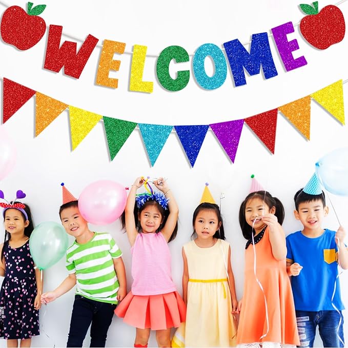 Glitter Welcome Banner with Apple Sign Colorful Glittery Pennant Banner Welcome - Image 3