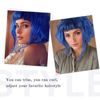FAELBATY Bright Blue Short Wavy Wig Short Dark Blue Wigs With Air Bangs Shoulder Length Wig For Women Curly Wavy Synthetic Wig Halloween Cosplay Wig for Girls Costume Wigs (12" Bright Blue)