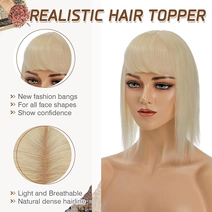 Rich Choices Real Human Hair Toppers for Women With Bang 100% Remy Human Hair Topper for Thinning Hair Clip in Silk Base Hair Topper 16 Inch #613 Bleach Blonde
