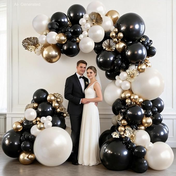 Black Gold White Balloons Arch Kit, Double Stuffed, Party. | Black, chrome gold - Image 4