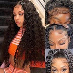SOSATISFY 28 Inch 13x6 Deep Wave Lace Front Wigs Human Hair 200 Density HD Transparent Lace Frontal Curly Wigs for Women Glueless Curly Wigs Pre Plucked with Baby Hair Natural Color