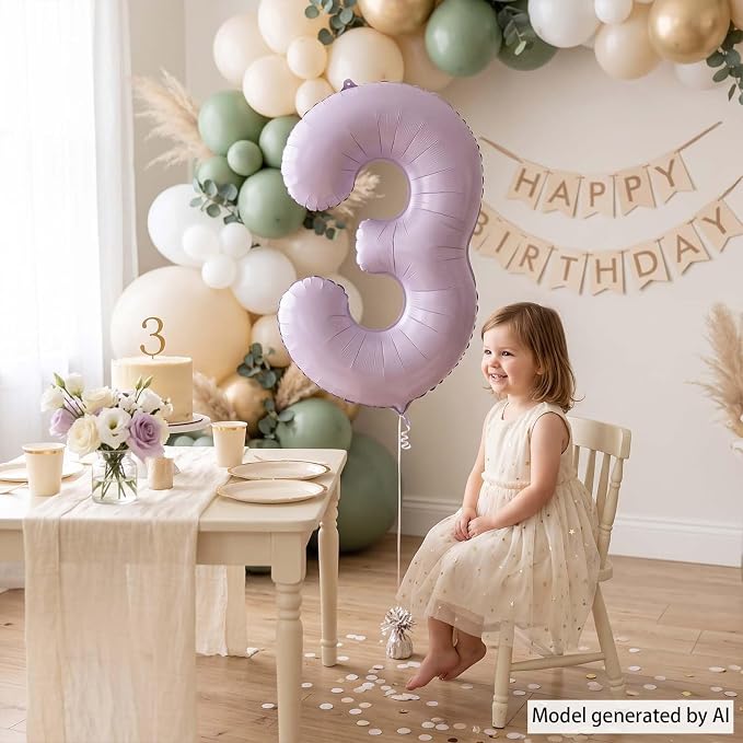 Cream Purple Number 3 Balloon 40 Inch, Foil Numeral - Image 6