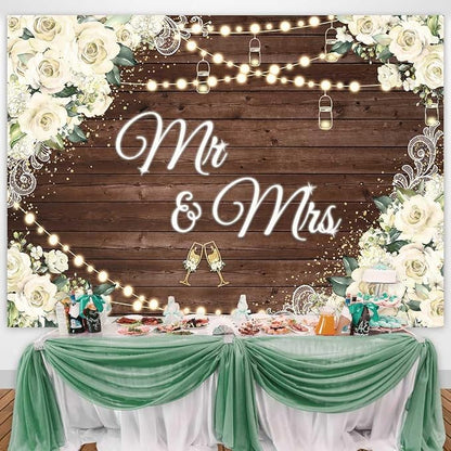 8x6ft Floral Mr and Mrs Engagement Decorations Backdrop White Flowers Wooden - Image 2