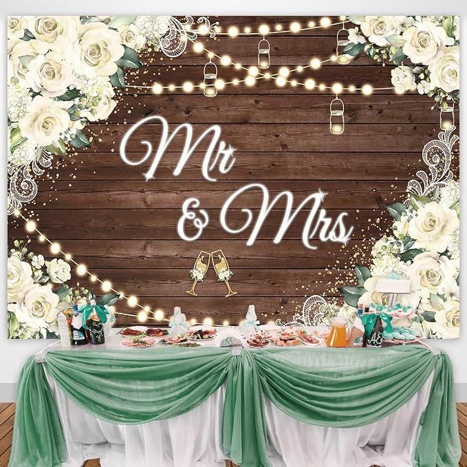 7x5ft Floral Mr and Mrs Engagement Decorations Backdrop White Flowers Wooden - Image 2