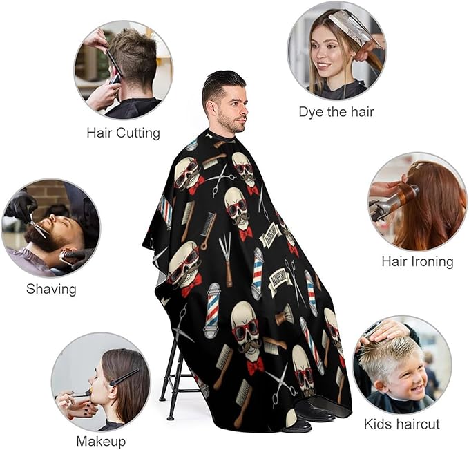 Salon Haircut Capes Cool Funny Skull Tools Vintage Barber Shop Hair Dress Apron Cloak, Adjustable Hairdresser Apron for Hairstylists, Easy Clean