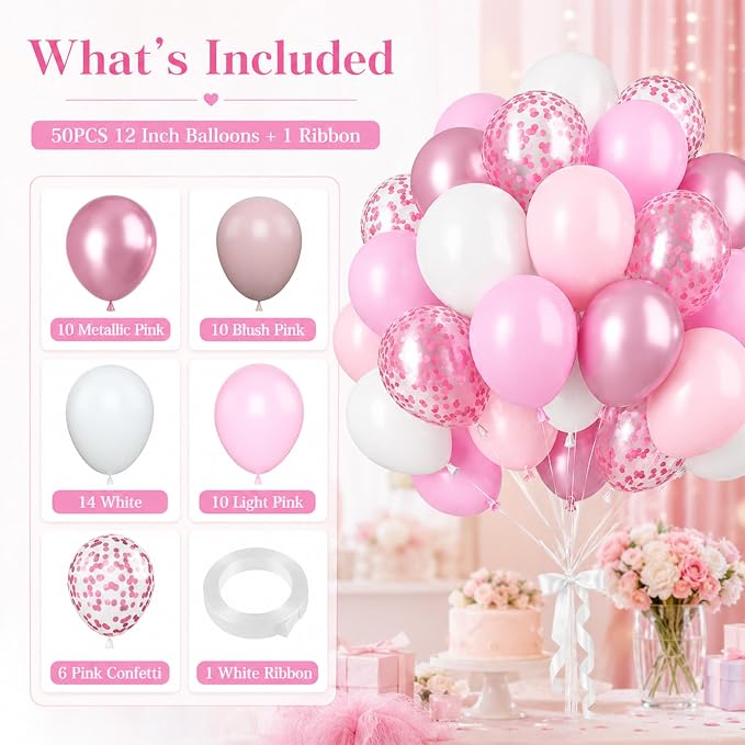 Biapian Pink & White Metallic Chrome Confetti Latex Balloons - Image 3