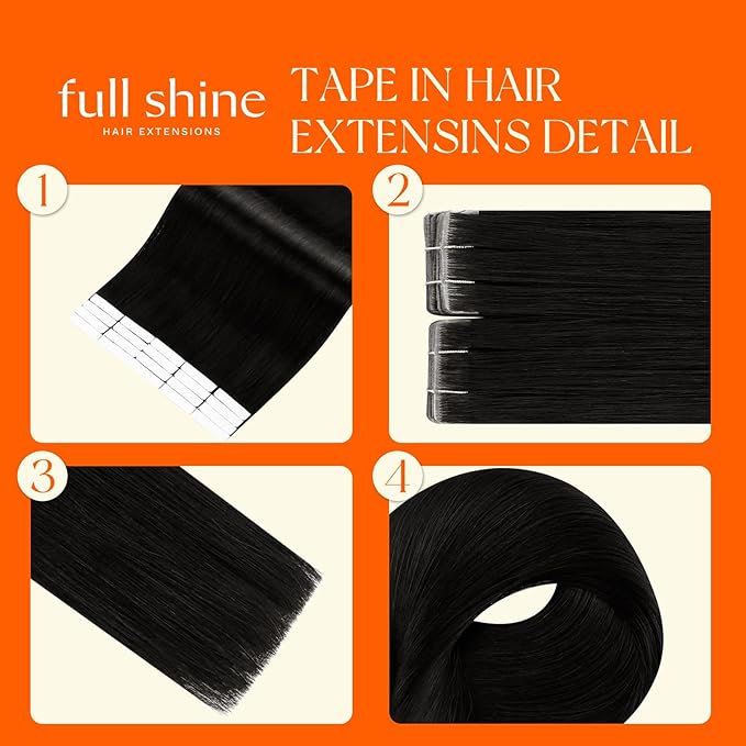 Full Shine Invisible Tape in Hair Extensions Human Hair Color 1B Black 20 Inch Injection Seamless Skin Weft Machine Remy Human Hair Extensions Tape ins 50Grams 20Pcs for Women Add Length Natural Soft