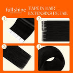 Full Shine Invisible Tape in Hair Extensions Human Hair Color 1B Black 20 Inch Injection Seamless Skin Weft Machine Remy Human Hair Extensions Tape ins 50Grams 20Pcs for Women Add Length Natural Soft