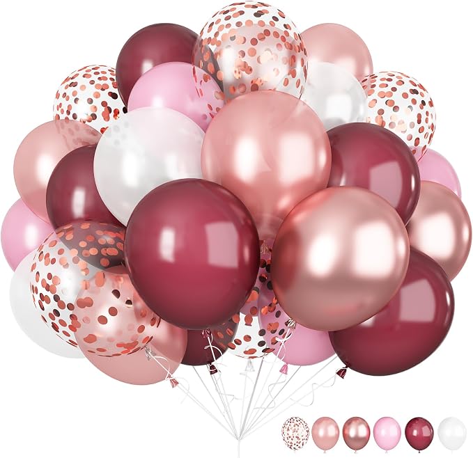 Burgundy Red and Pink Balloons, 60 Pack 12in Rose Gold Wine Red Light Pink by Jobkoo