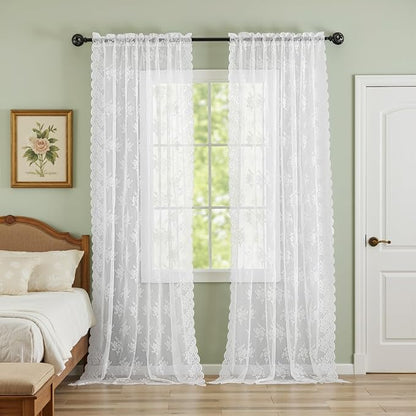 Kotile White Lace Curtains for Living Room Rustic Floral 52x72 in, 2 Panels | - Image 5