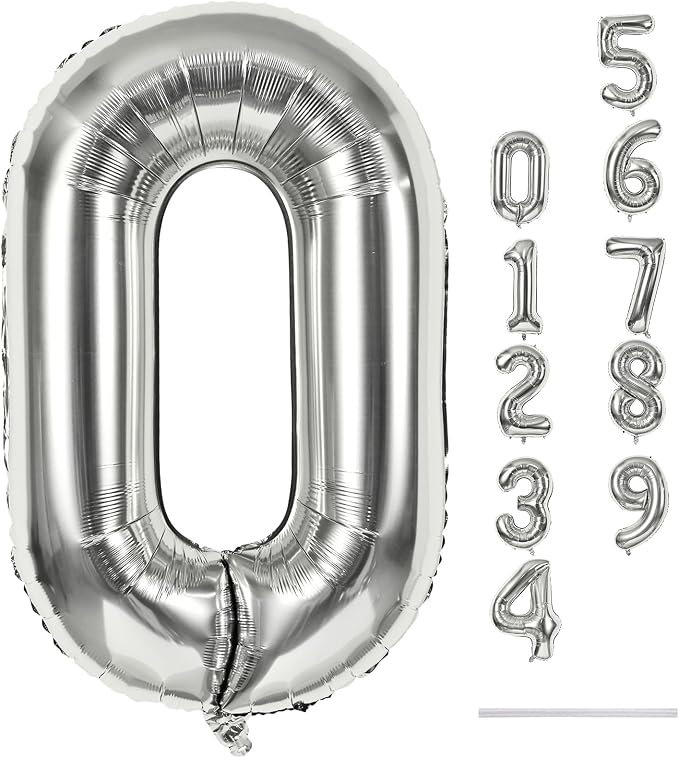 40 Inch Silver Foil Balloon Number 0, Giant Self Inflating Number Balloons 0-9 by Lingqiang