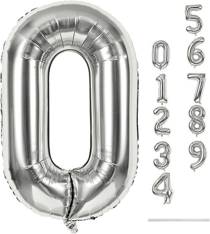 40 Inch Silver Foil Balloon Number 0, Giant Self Inflating Number Balloons 0-9 by Lingqiang