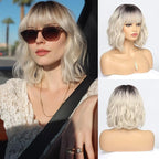 Short Ombre Blonde Bob Wigs for Women Wavy Blonde Wig with Bangs Ash Blond Wig Synthetic Hair Water Wave Medium Length Colorful Wigs（14 Inches）