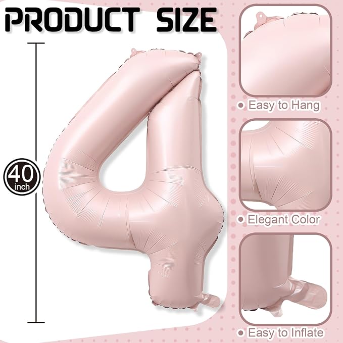 Foil 4 Balloon, Dusty Light Pink Big Number 4 Balloons - Image 2