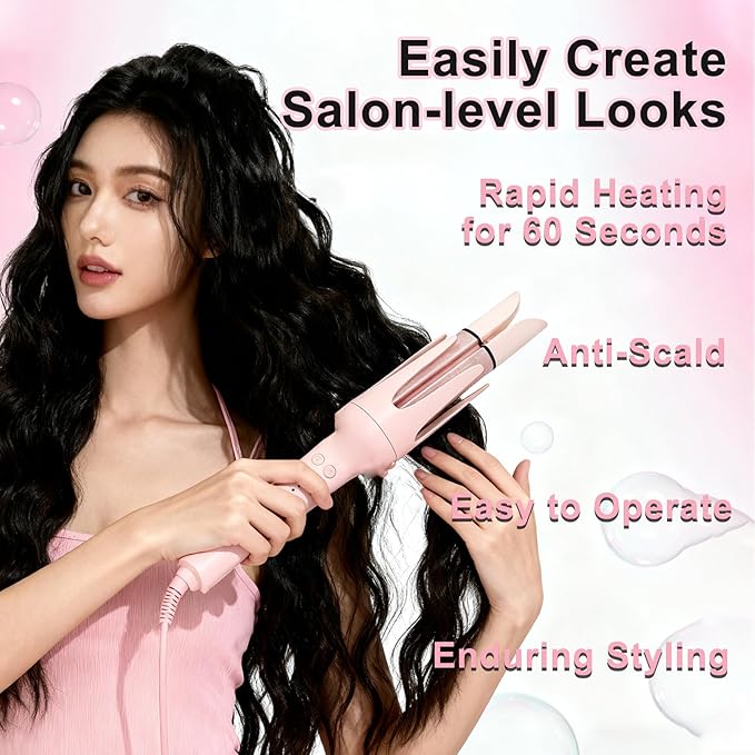3 in 1 Hair Curler Automatic Rotating - Automatic Curling Iron with 3 Curling Barrels (1.1" - 1.25" - 1.5"), Rotating Curling Iron with 3 Temp - Anti-Scald，Tangle-Free，Lightweight for Travel（Pink）