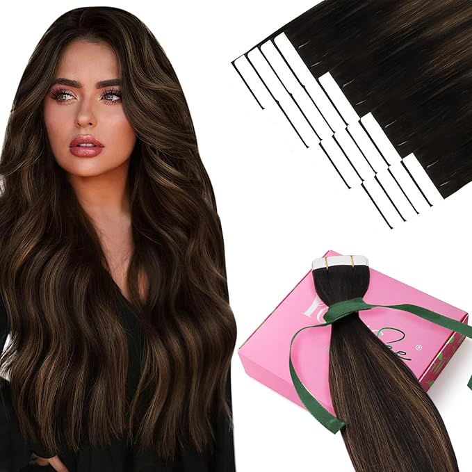 YoungSee Tape in Extensions Human Hair Balayage Tape in Hair Extensions Dark Brown Tape in Hair Extensions Ombre Brown Human Hair Tape-in Extension Short Hair 12In Tape-ins Hair Extension 20pcs 30g