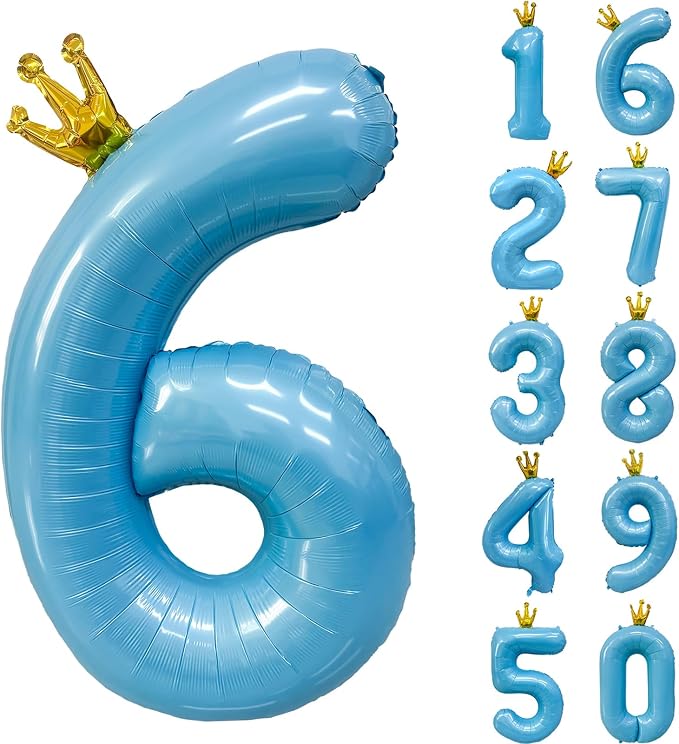 Blue Number 6 Balloon with Crown, 40 inch Blue Number Balloon 6th Birthday by Yeodong