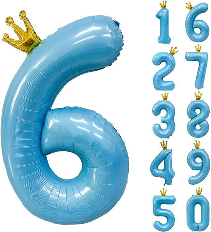 Blue Number 6 Balloon with Crown, 40 inch Blue Number Balloon 6th Birthday by Yeodong