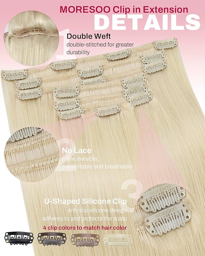 Moresoo Blonde Hair Extensions Clip in Long Golden Platinum Blonde Clip in Hair Extensions Human Hair Remy Double Weft 120g/7pcs 22 inch