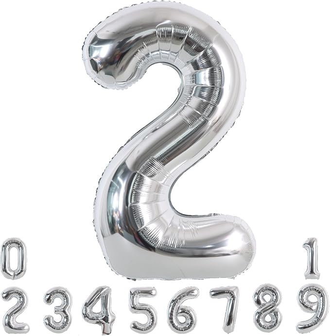 TONIFUL 40 Inch Silver Number 2 Balloon Large Foil 2nd Birthday Decorations | by TONIFUL