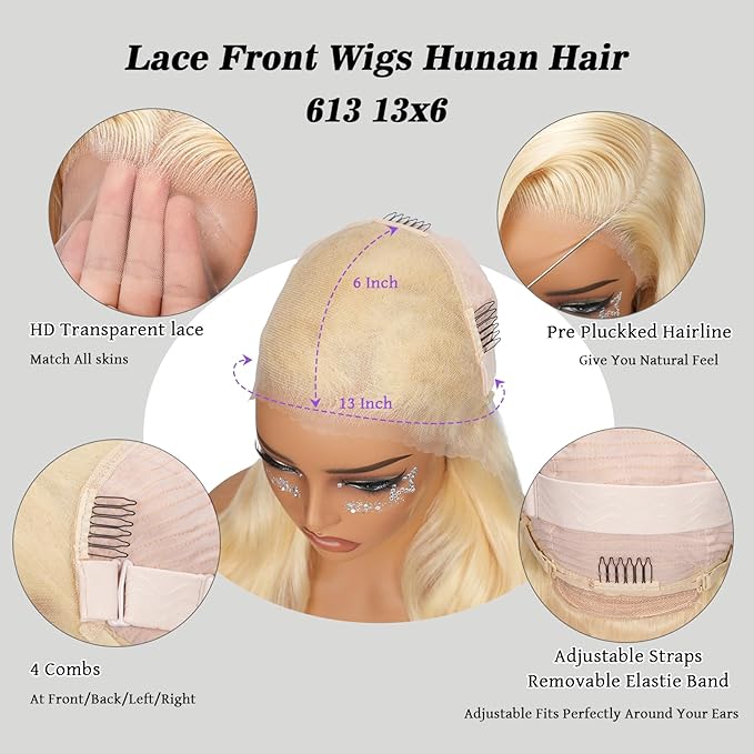 613 Lace Front Wig Human Hair 22 Inch Glueless 13X6 Lace Frontal 220% Density Body Wave Blonde 100% Real Human Hair Wig Triple Lifespan 3X No Tangle No Shedding No Synthetic