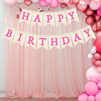 HotPink Happy Birthday Banner Pre-strung Burlap Bunting Party Backdrop Sign - Image 4